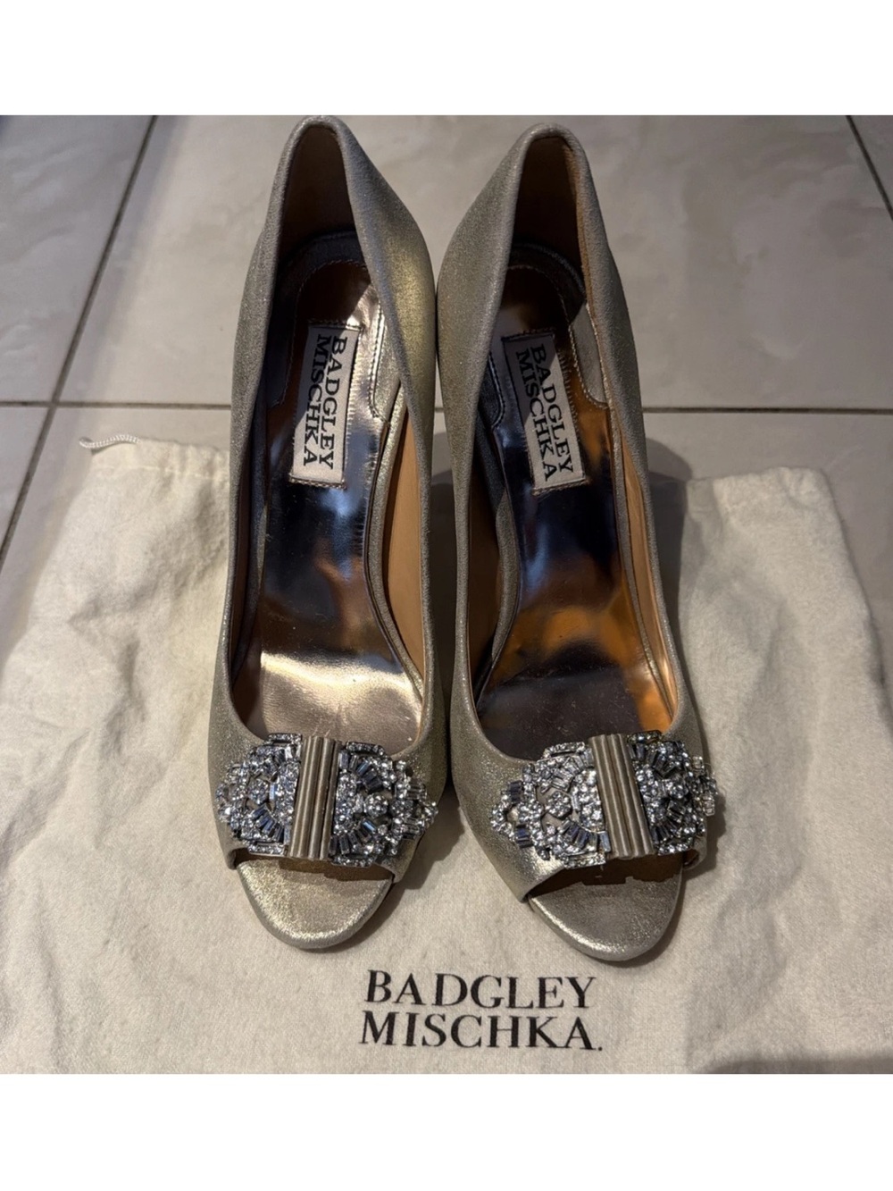 Badgley Mischka Gold Crystal-Embellished Peep-Toe Heels